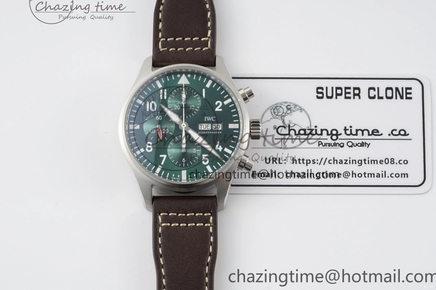 MIROTIME 0312 Bright Pilot Chrono SS AZF 1:1 Best Edition Green Dial on Brown Leather Strap A 7059